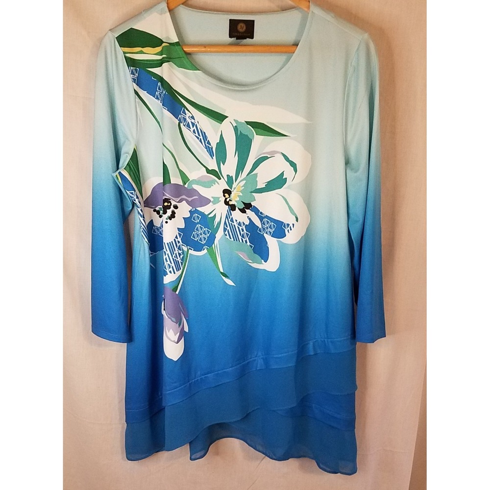 JM Collection Womens Blue Green Floral Tunic Top Med 3/4 Sleeve Stretchy